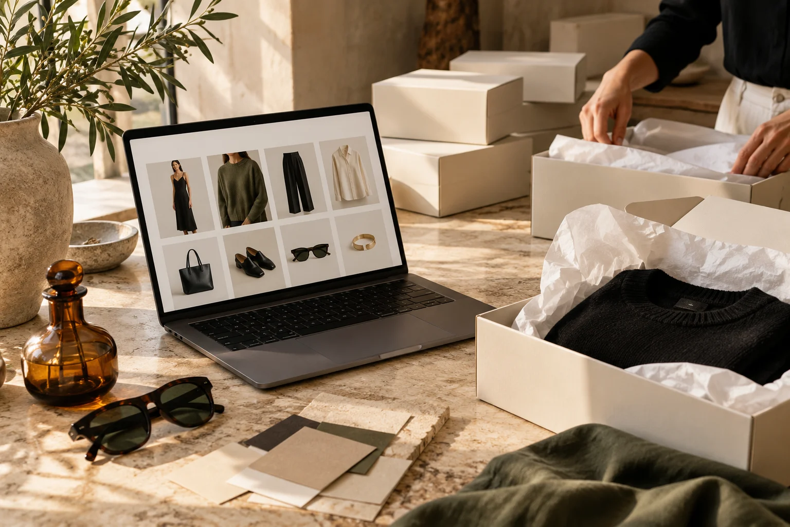Products and packaging alongside a digital storefront