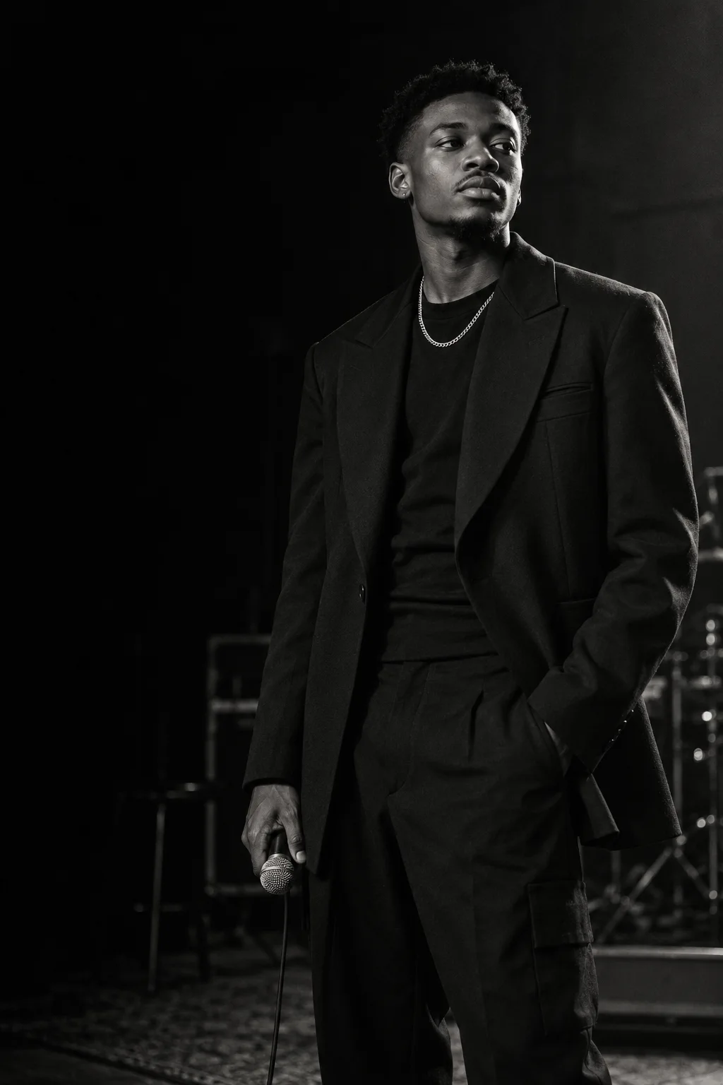 Music editorial: a fictional artist in tailored black with a microphone