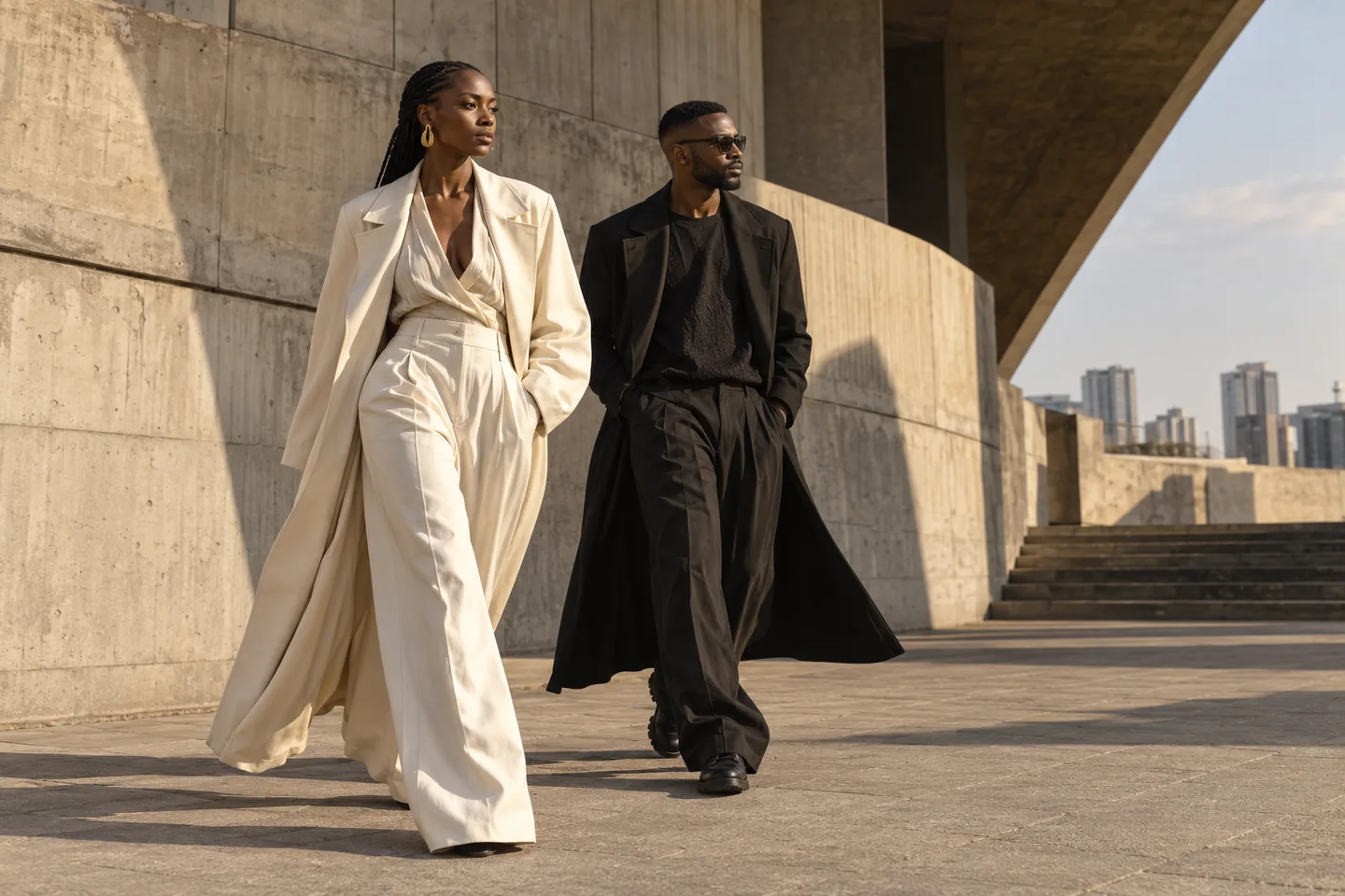 Fashion editorial: two creatives in contemporary streetwear and tailoring