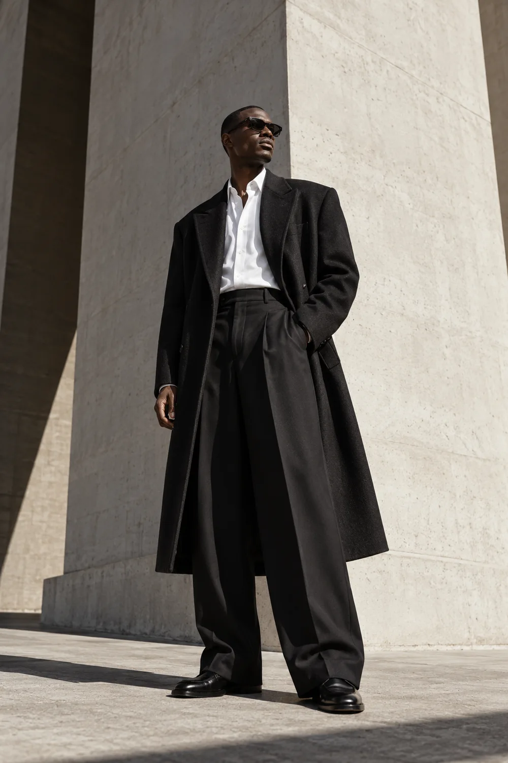 Fashion editorial: contemporary tailoring framed by bold architecture
